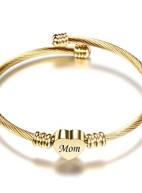 新款跨境热卖母亲节Mom字母不锈钢编织18K金电缆线钛钢爱心女手镯