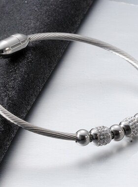 新款欧美时尚3MM磁铁扣时尚不锈钢手镯圆形镶钻对称圆珠18K金钛钢