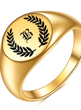 新款厂家ins网红不锈钢激光树叶字母戒指钛钢18K金指环戒指女