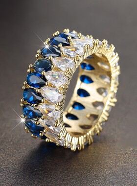 新款亚马逊 18K厚白钻双排水滴戒指气质轻奢时尚简约气质女