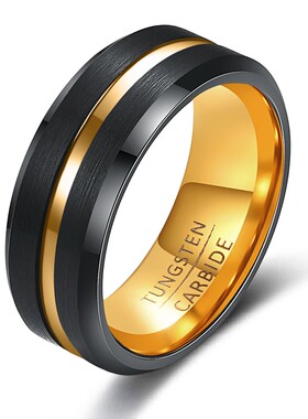 新款欧美跨境钨钢简约宽面6 8mm凹槽拉丝个性百搭双色不锈钢戒指