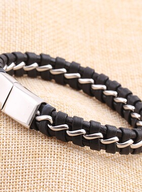 新款厂家欧美不锈钢14MM圆扣链条编织手链皮革手链跨境热卖女