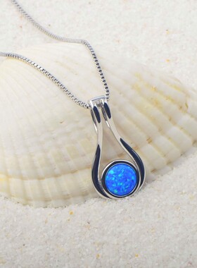 新款 ins风 爆款澳宝蓝色澳宝花瓶项链吊坠饰品镶进口欧泊