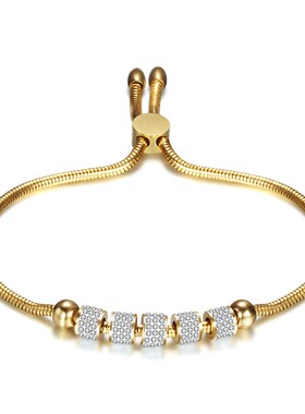 新款跨境欧美满钻6MM百搭可调节钛钢蛇骨链手链18K金不锈钢手链女