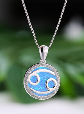 新款欧美925银蓝色白色澳宝+白金玫瑰金巨蟹座项链简约百搭吊坠