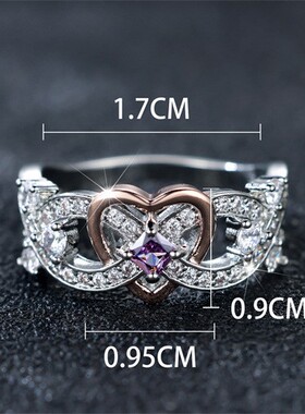 新款亚马逊白金镶钻玫瑰金爱心戒指女时尚简约百搭戒指