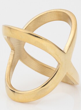 新款亚马逊 欧美ins20mm简约个性交叉镂空金色钛钢戒指不锈钢指环