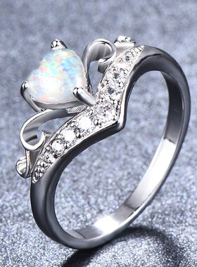 新款跨境配饰原创戒指白金心形白色澳宝V字形白钻戒指女