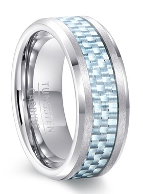 新款欧美跨境8mm钨钢戒指时尚电黑镶蓝色碳纤维钨金戒指厂家