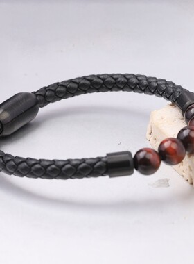 新款跨境饰品 虎眼石皮绳手链 手工串珠皮革编织手镯男女手链厂家