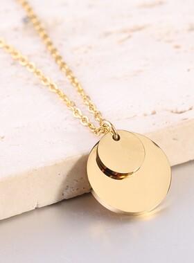 新款欧美跨境18K金圆形双层吊坠项链简约不锈钢可激光Logo女