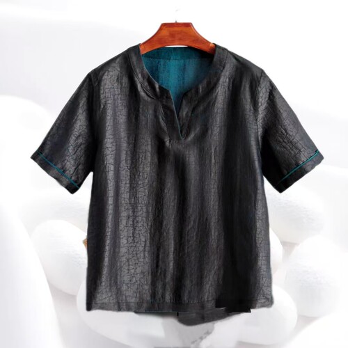 【彩龟V领上衣】双面穿香云纱龟裂纹短袖衫套头简洁大气dz052 - 图0