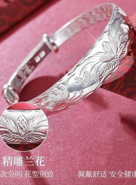 繁花似锦宽版实心手镯三生手链母亲节送妈妈长老人生日礼物