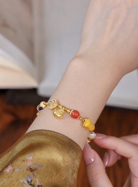 足金福袋多宝手串青金手链古法银手绳生日礼物送女友闺蜜高级感