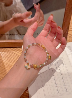 18k金蝴蝶手链马卡龙碧玺珍珠手串生日礼物送女友闺蜜新中式国潮