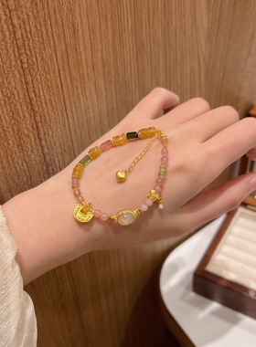 足金999小金锁手串马卡拉碧玺手链生日礼物送女友闺蜜高级感