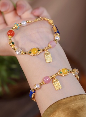 足金天官赐福国潮多宝手串古法银手链生日礼物送女友闺蜜夏季新品