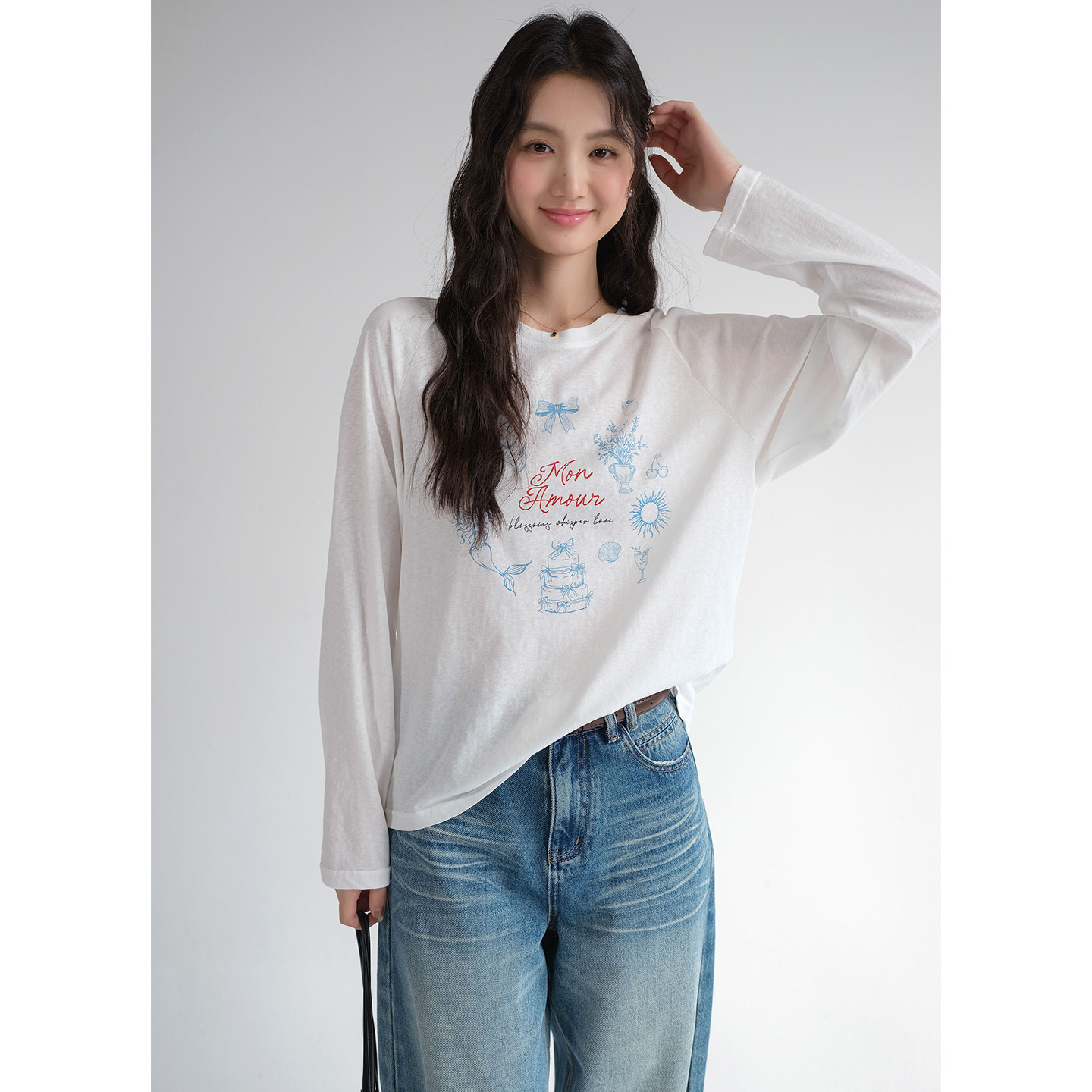 【韩系甜美印花T恤】蓝若水大码2026春装新款休闲内搭长袖上衣ins,淘宝优惠券,粉丝福利购,淘宝优惠卷