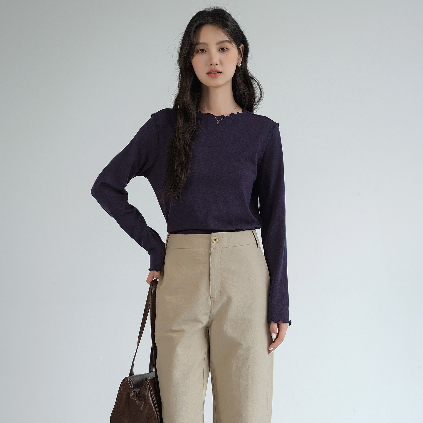 蓝若水大码女装纯色木耳边打底针织衫2026春新款简约舒适内搭上衣,淘宝优惠券,粉丝福利购,淘宝优惠卷