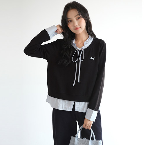 【减龄学院风假两件衬衫】蓝若水大码2026春装新款木耳边系带上衣 - 图0