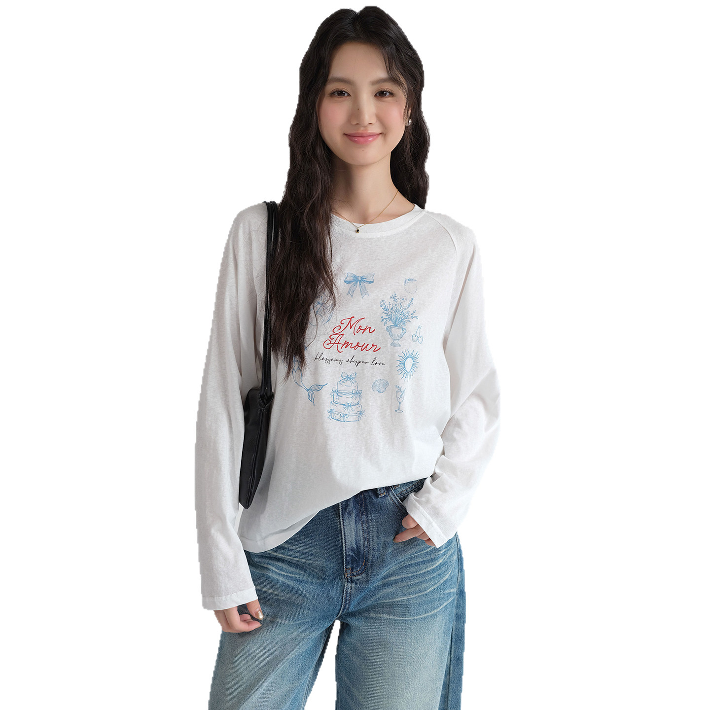 【韩系甜美印花T恤】蓝若水大码2026春装新款休闲内搭长袖上衣ins,淘宝优惠券,粉丝福利购,淘宝优惠卷