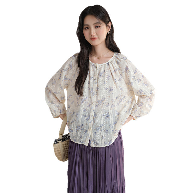 Blue Ruoshui French floral shirt loose slim top