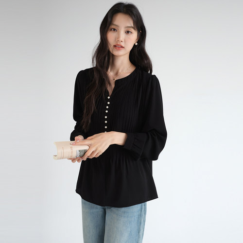 蓝若水大码女装法式钉珠压褶衬衫胖mm2026春装新款洋气宽松上衣 - 图0