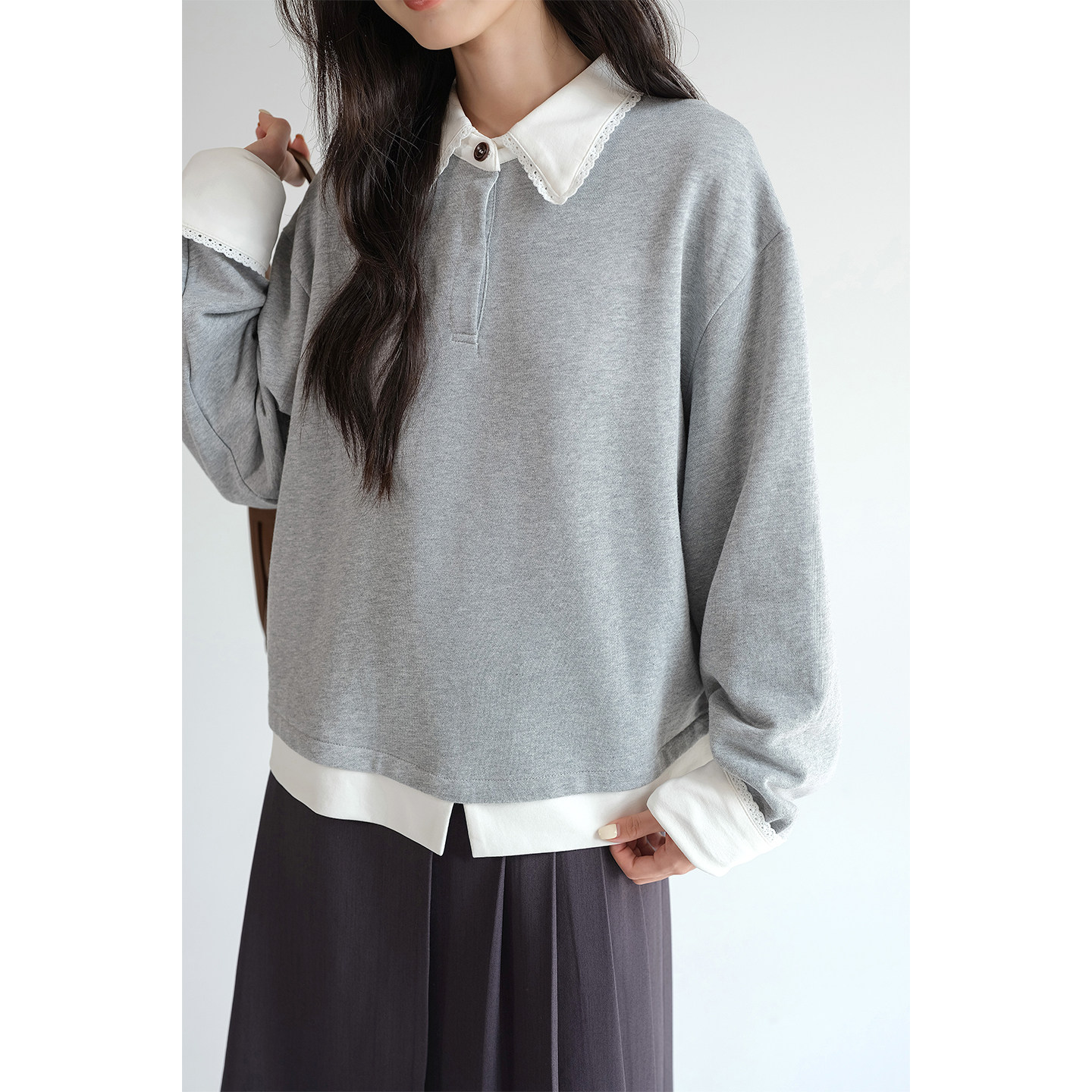 蓝若水大码女装假两件花边翻领卫衣胖MM春新款休闲宽松设计感上衣,淘宝优惠券,粉丝福利购,淘宝优惠卷