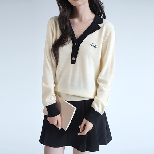 蓝若水大码女装韩系撞色V领针织衫胖mm春装时尚显瘦遮肚减龄毛衣 - 图2