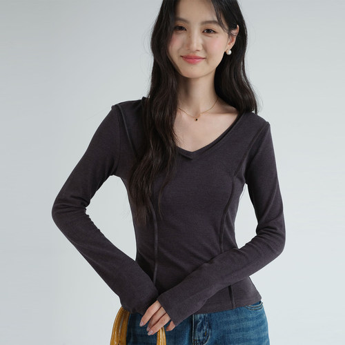 蓝若水大码女装鱼骨线V领打底衫胖MM2026春装新款正肩显瘦上衣 - 图0