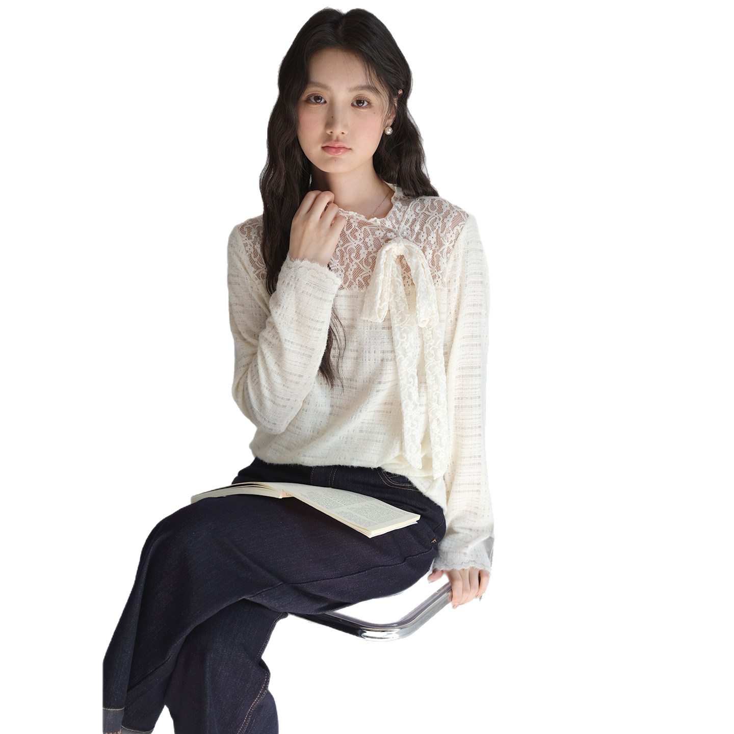 【蝴蝶结飘带磨毛蕾丝衫】蓝若水大码2026春装新款半高领法式上衣,淘宝优惠券,粉丝福利购,淘宝优惠卷