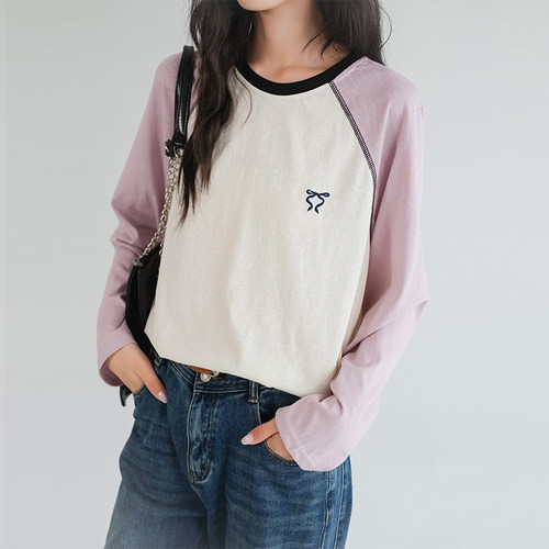 蓝若水大码女装别致插肩长袖T恤胖mm春季新款宽松刺绣打底上衣 - 图2