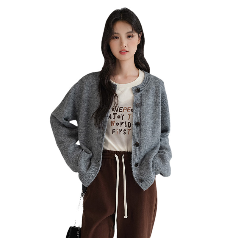 蓝若水大码女装高级感灰色针织开衫胖MM春季新款减龄气质毛衣外套,淘宝优惠券,粉丝福利购,淘宝优惠卷