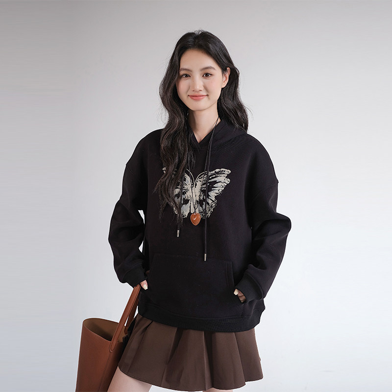 蓝若水大码女装蝴蝶印花连帽加绒卫衣胖mm冬季新款宽松保暖上衣,淘宝优惠券,粉丝福利购,淘宝优惠卷