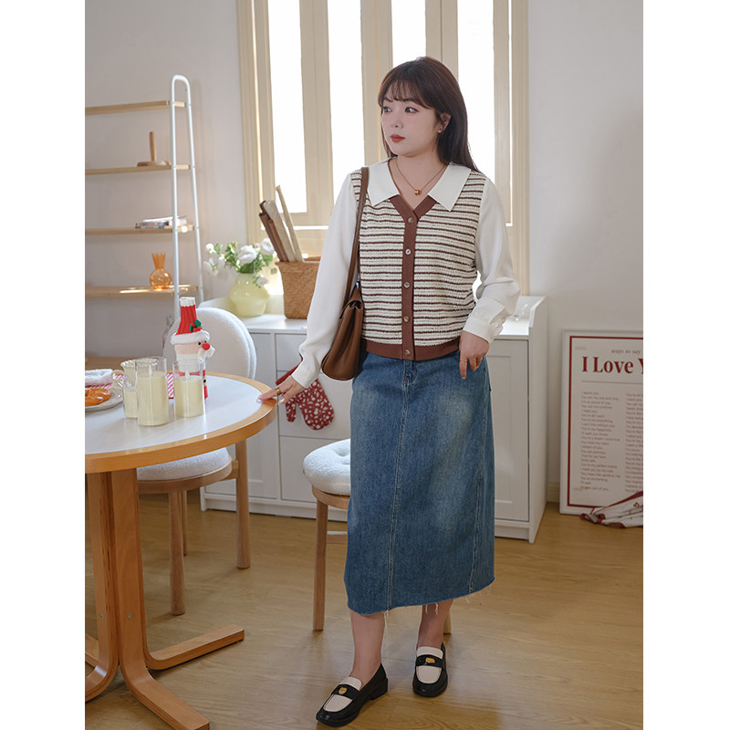 蓝若水大码女装假两件Polo领条纹衬衫胖mm春装新款淑女宽松上衣,淘宝优惠券,粉丝福利购,淘宝优惠卷