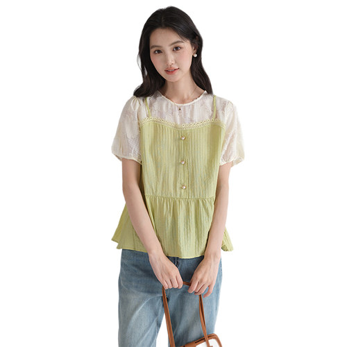 蓝若水大码女装假两件拼接短袖衬衫2026夏装新款甜美洋气显瘦上衣 - 图3