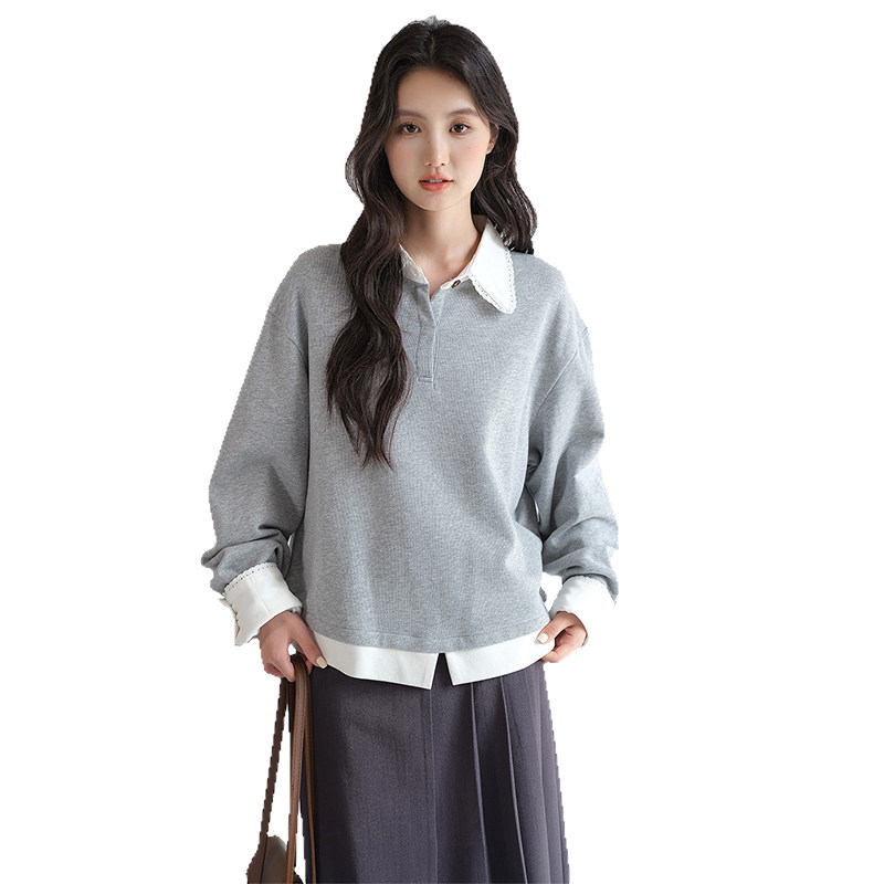 蓝若水大码女装假两件花边翻领卫衣胖MM春新款休闲宽松设计感上衣,淘宝优惠券,粉丝福利购,淘宝优惠卷