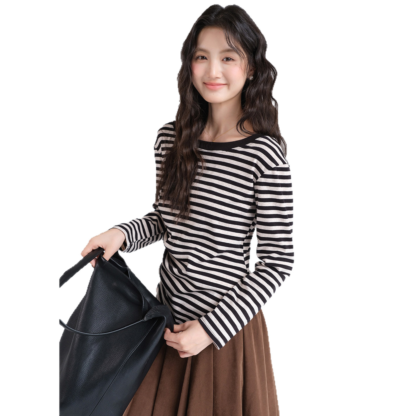 【褶皱收腰不规则条纹T恤】蓝若水大码2026春装新款针织打底上衣,淘宝优惠券,粉丝福利购,淘宝优惠卷