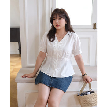 ເສື້ອຍືດຄໍ V-neck ຂອງແມ່ຍິງ Plus size 2024 ຮູບແບບລະດູຮ້ອນໃຫມ່ໄຂມັນ MM ແອວຂະຫນາດນ້ອຍ slim ຝຣັ່ງເທິງ