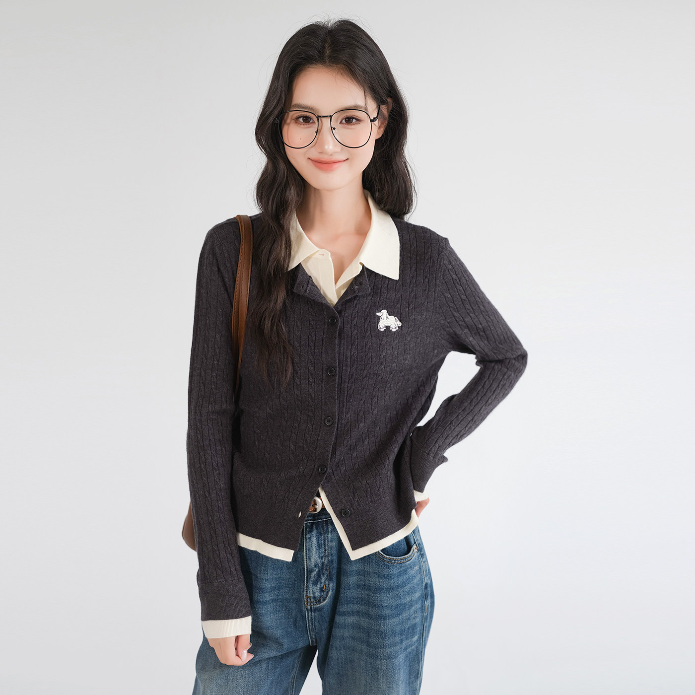 蓝若水大码女装叠穿假两件刺绣毛衣针织衫春季新款学院风减龄外套,淘宝优惠券,粉丝福利购,淘宝优惠卷