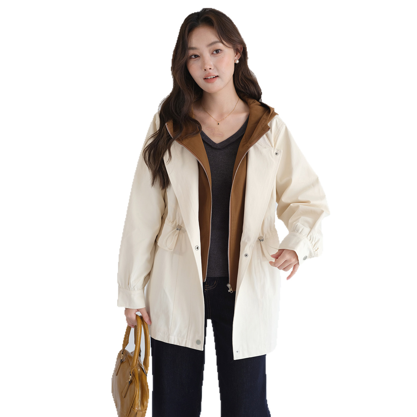 【假两件连帽工装外套】蓝若水大码2026春季新款抽绳收腰长款上衣,淘宝优惠券,粉丝福利购,淘宝优惠卷