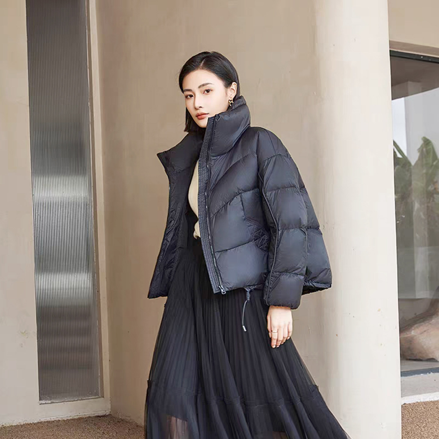 【90白鸭绒立领羽绒服】蓝若水大码女装冬季新款保暖面包服厚外套