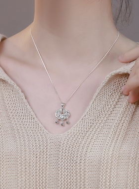 男孩银项链民族风轻奢气质编织锁骨链S925纯银男童平安锁项链女潮