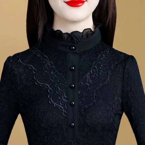 2025春秋时尚半高领女士洋气外穿内搭妈妈装加绒加厚黑色打底衫潮 - 图0