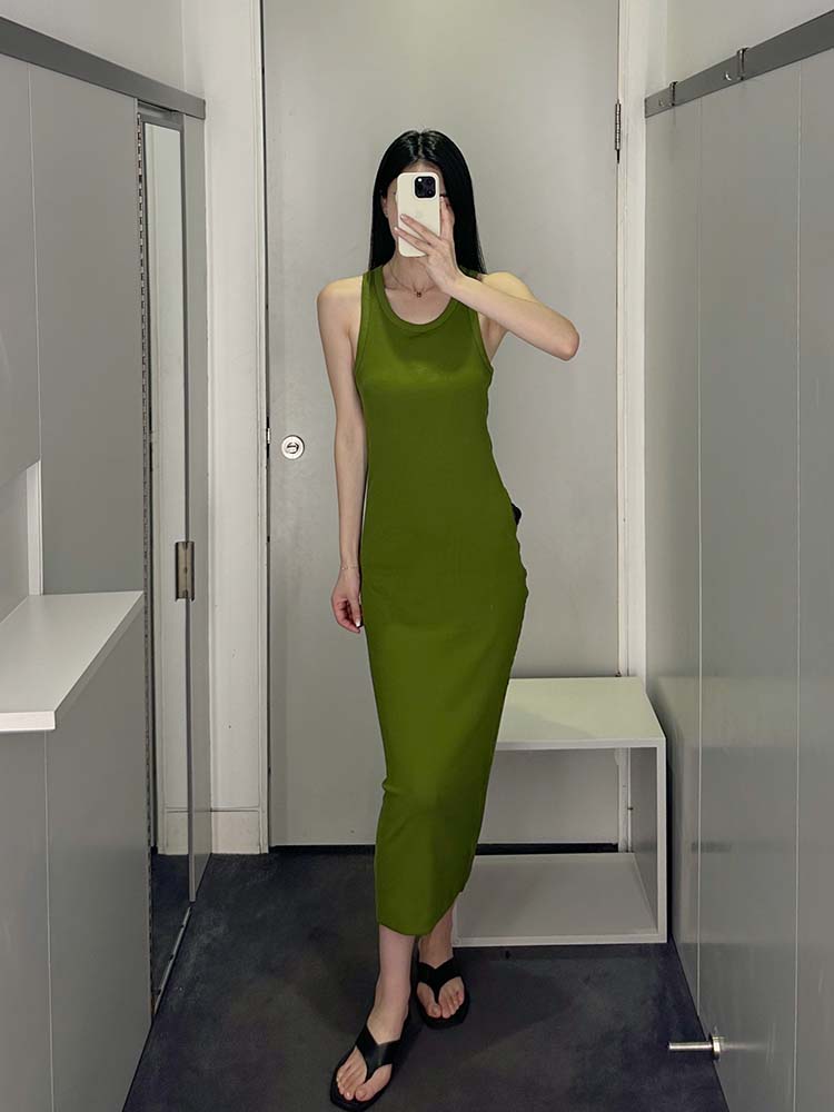 极简COS风修身版型圆领无袖罗纹长裙橄榄绿24夏季新通勤女连衣裙 - 图0