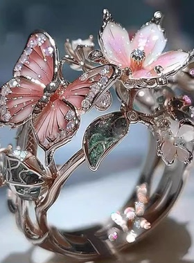 Wish新款饰品 欧美精致闪钻滴油蝴蝶花朵女士开口粉色戒指独立站