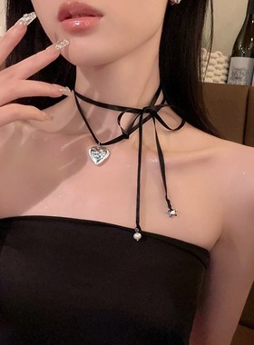 少女时代韩素希同款双层甜美系带颈链轻奢辣妹爱心相框吊坠项链女