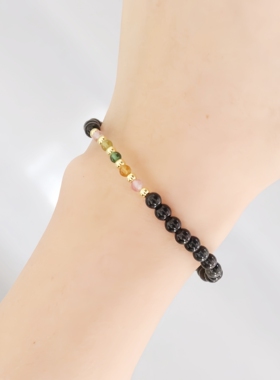 天然黑曜石彩虹碧玺极细手链女