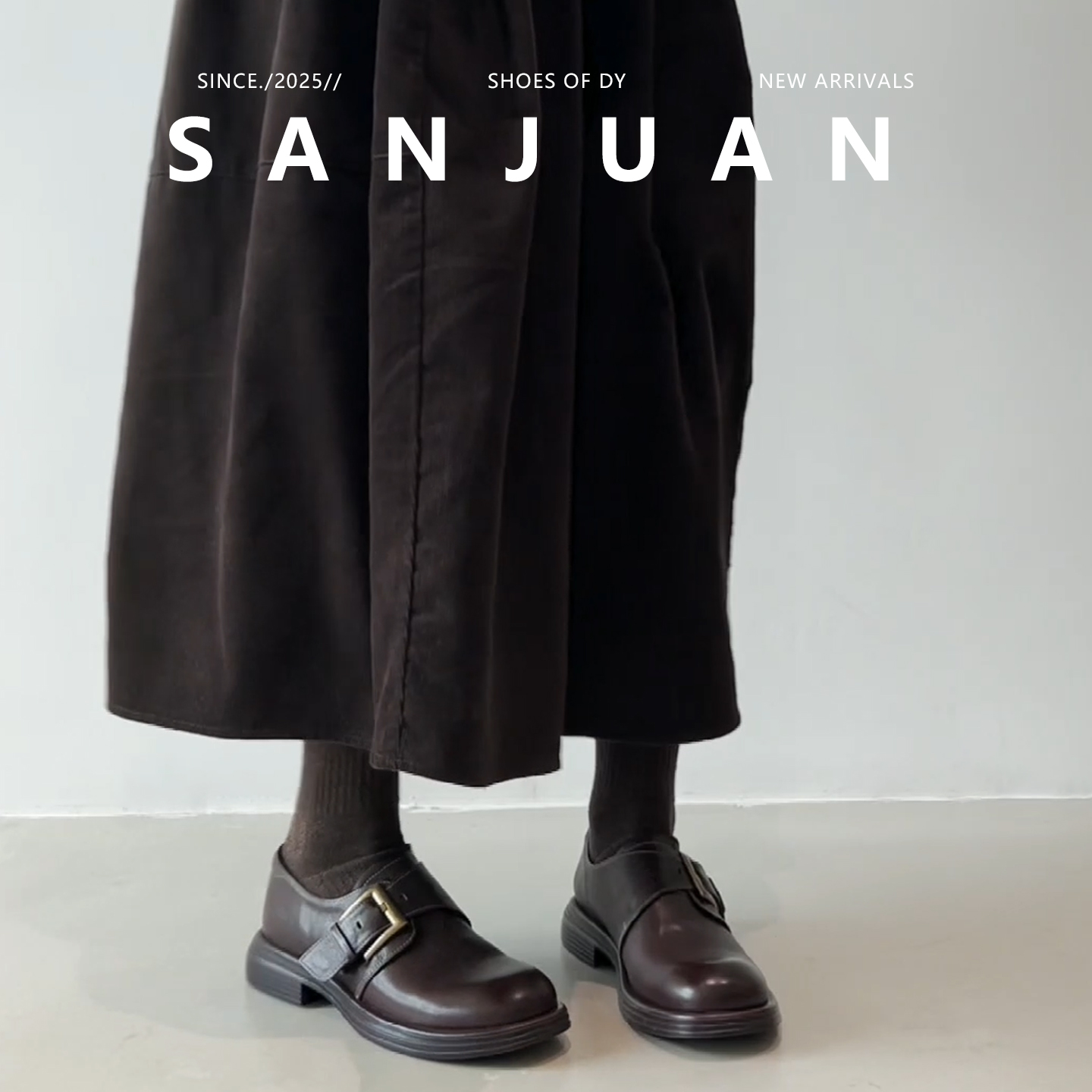 羊皮版sanjuan三卷厚底圆头复古学院风小皮鞋女皮扣一脚蹬乐福鞋 - 图1