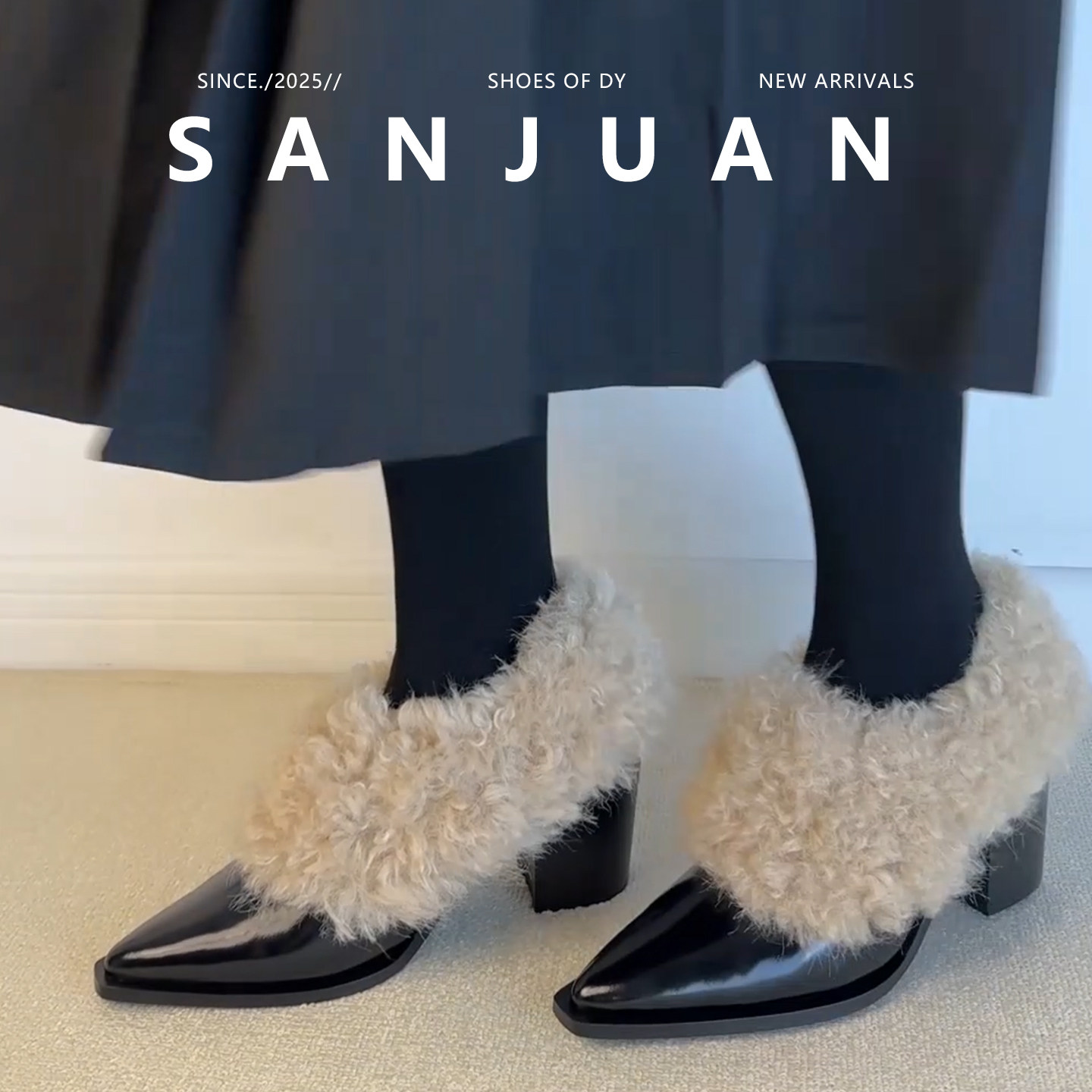 羊皮版sanjuan三卷羊羔毛毛毛鞋外穿尖头粗跟高跟鞋保暖加绒单鞋,淘宝优惠券,粉丝福利购,淘宝优惠卷